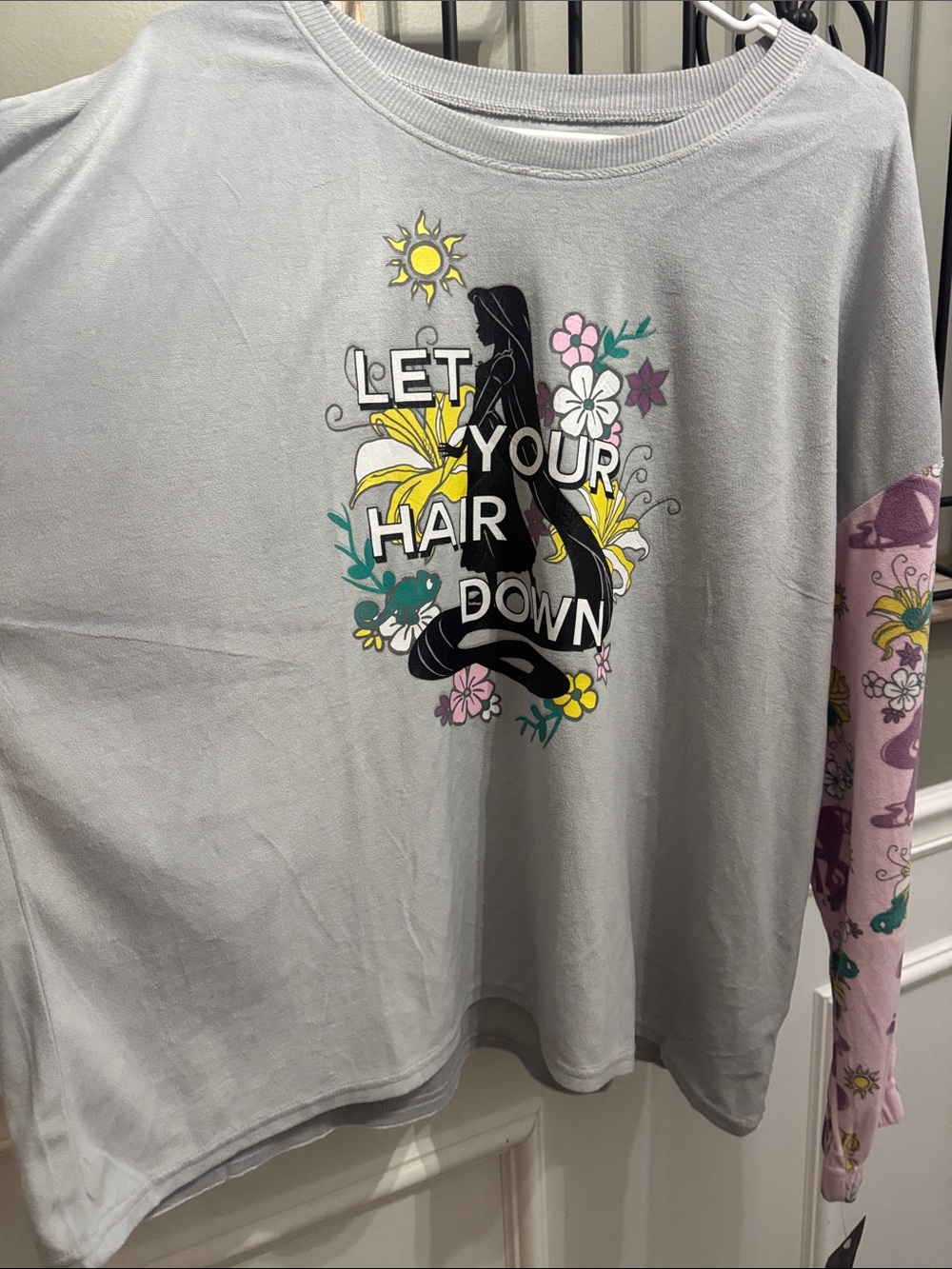 Disney Light Gray Long Sleeve Tee PJ top  with Pink Floral Sleeve L nwt